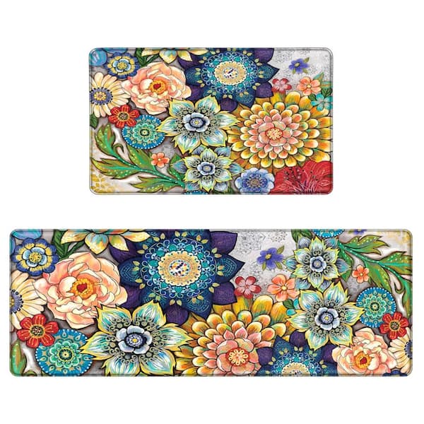 Colorful Boho Floral 17.3 in. x 28 in. and 17.3 in. x 47 in. PVC Surface EVA Foam Indoor Anti-Fatigue Kitchen Mats