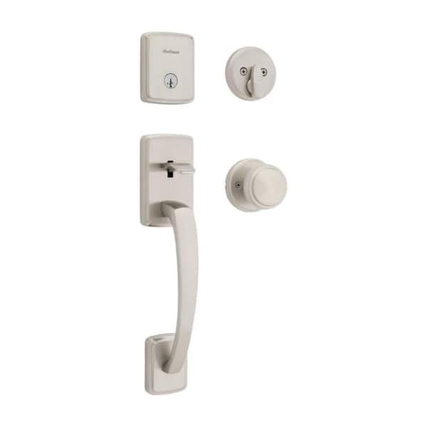 Brentford Satin Nickel Single Cylinder Door Handleset with Sora Door Knob Featuring Smart Key Security