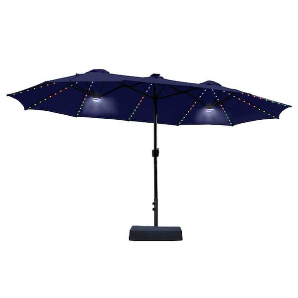 Mondawe 15 ft. Double Sided Patio Umbrella with Solar RGB Lights and Base in Navy Blue MO-010215RGBNY Mondawe 15 ft. Double Sided Patio Umbrella with Solar RGB Lights and Base in Navy Blue MO-010215RGBNY