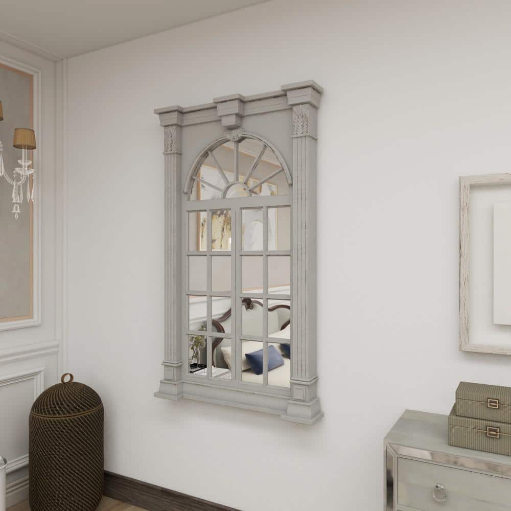 Cream Wood Windowpane Arched Wall Mirror with Distressed Finish