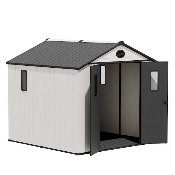 8x8ft Resin Outdoor Storage Shed, Heavy-Duty Metal Garden Tool Shed with Windows and Lockable Doors (64 sq. ft. )