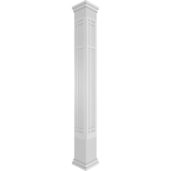 Ekena Millwork 11-5/8 in. x 9 ft. Premium Square Non-Tapered San Juan Capistrano Fretwork PVC Column Wrap Kit w/Prairie Capital & Base