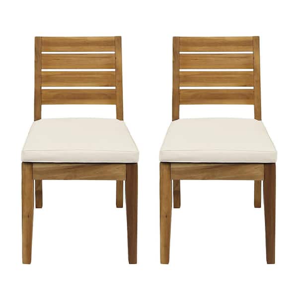 Noble House Hatherly Sandblasted Natural Brown Acacia Wood Outdoor Patio Dining Chair with Beige Cushions (2-Pack)