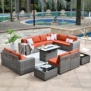 Tahoe Grey 13-Piece Wicker Wide Arm Outdoor Patio Conversation Sofa Set with a Fire Pit and Orange Red Cushions