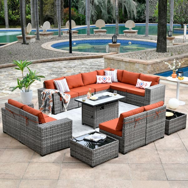 HOOOWOOO Tahoe Grey 13-Piece Wicker Wide Arm Outdoor Patio Conversation Sofa Set with a Fire Pit and Orange Red Cushions