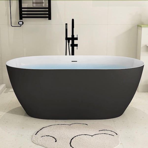 NTQ 59 in. x 30 in. Acrylic Free Standing Tub Oval Freestanding Soaking Bathtub Flatbottom Alone Soaker Tub in Matte Black