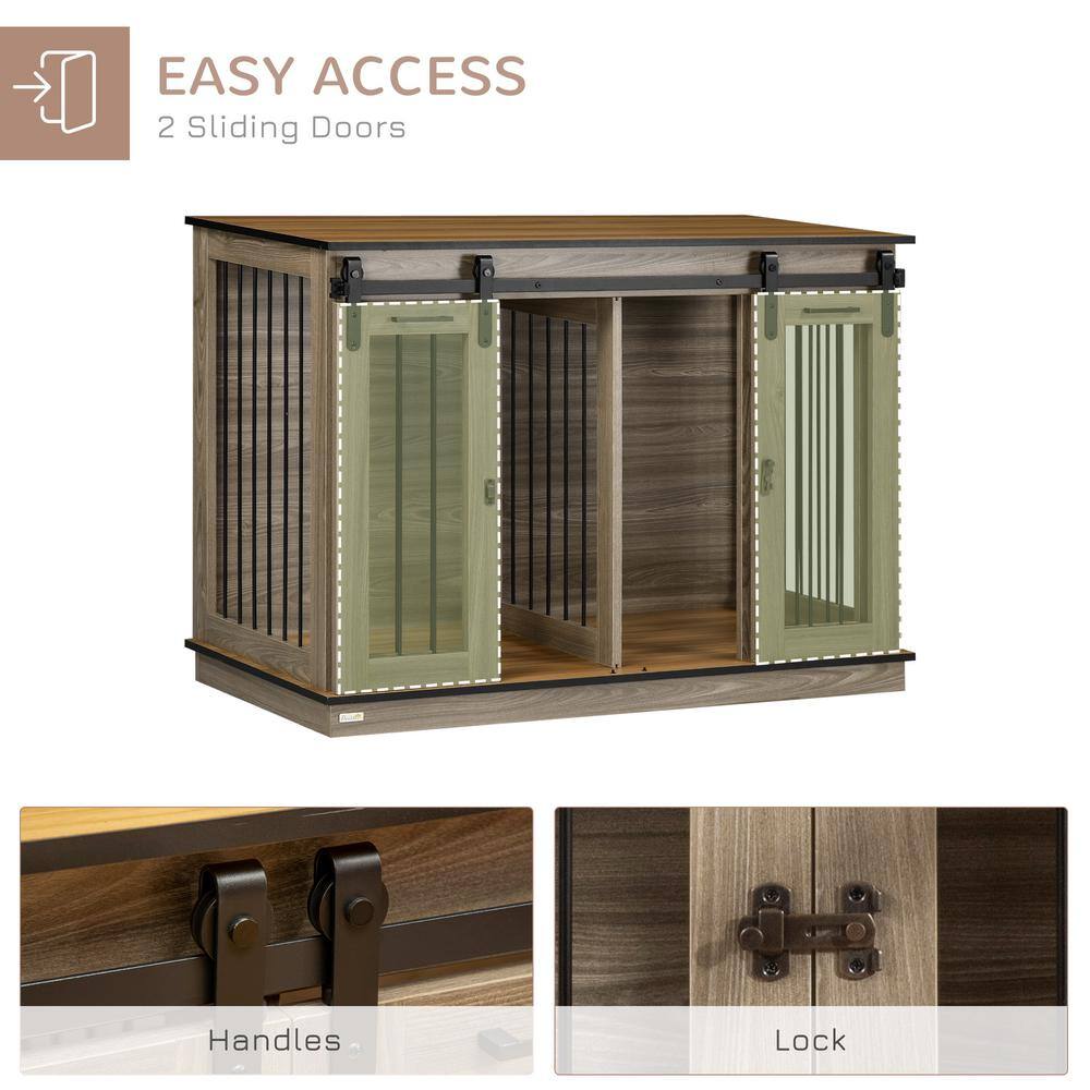 Large Oak Brown Dog Crate End Table with Sliding Doors