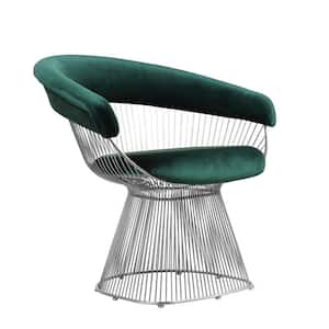 Green and Chrome Velvet Armchair with Cushioned Seat and Metal Wire
