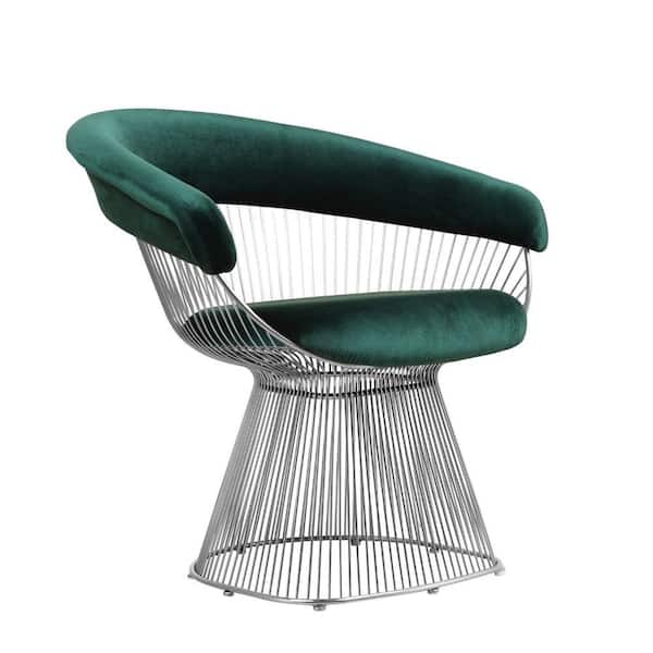Green and Chrome Velvet Armchair with Cushioned Seat and Metal Wire