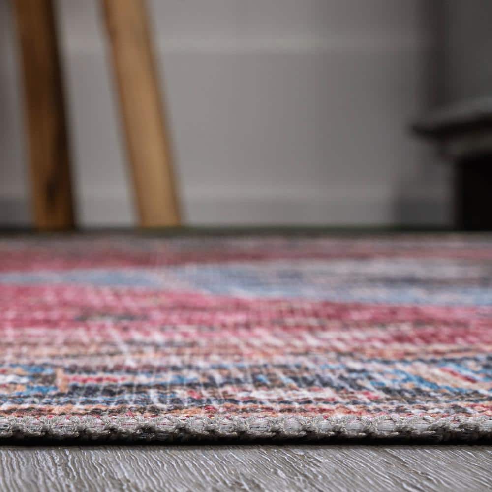 Red and Blue Medallion Washable Synthetic Area Rug 3' x 5'