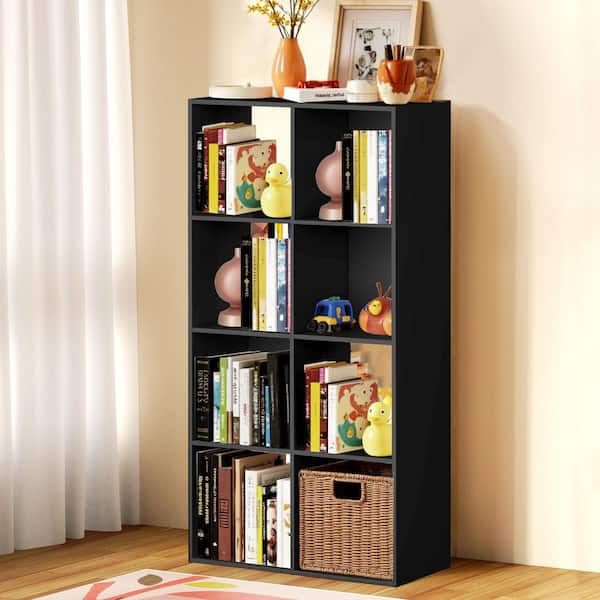 48 in. Tall Black Wood 8-Cube Storage Organizer Standard Bookcase with 4 Removable Back Panels