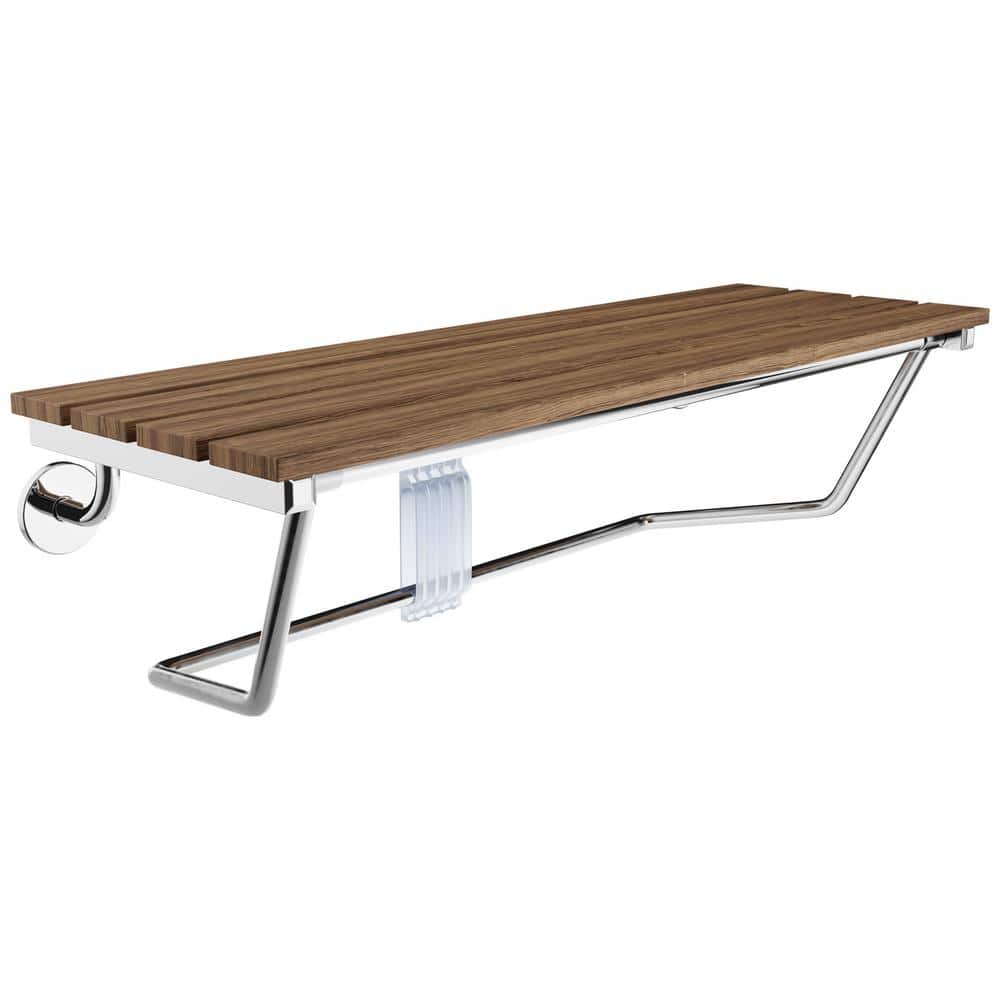 Polished Chrome Teak Wood Wall Mounted Folding Shower Seat