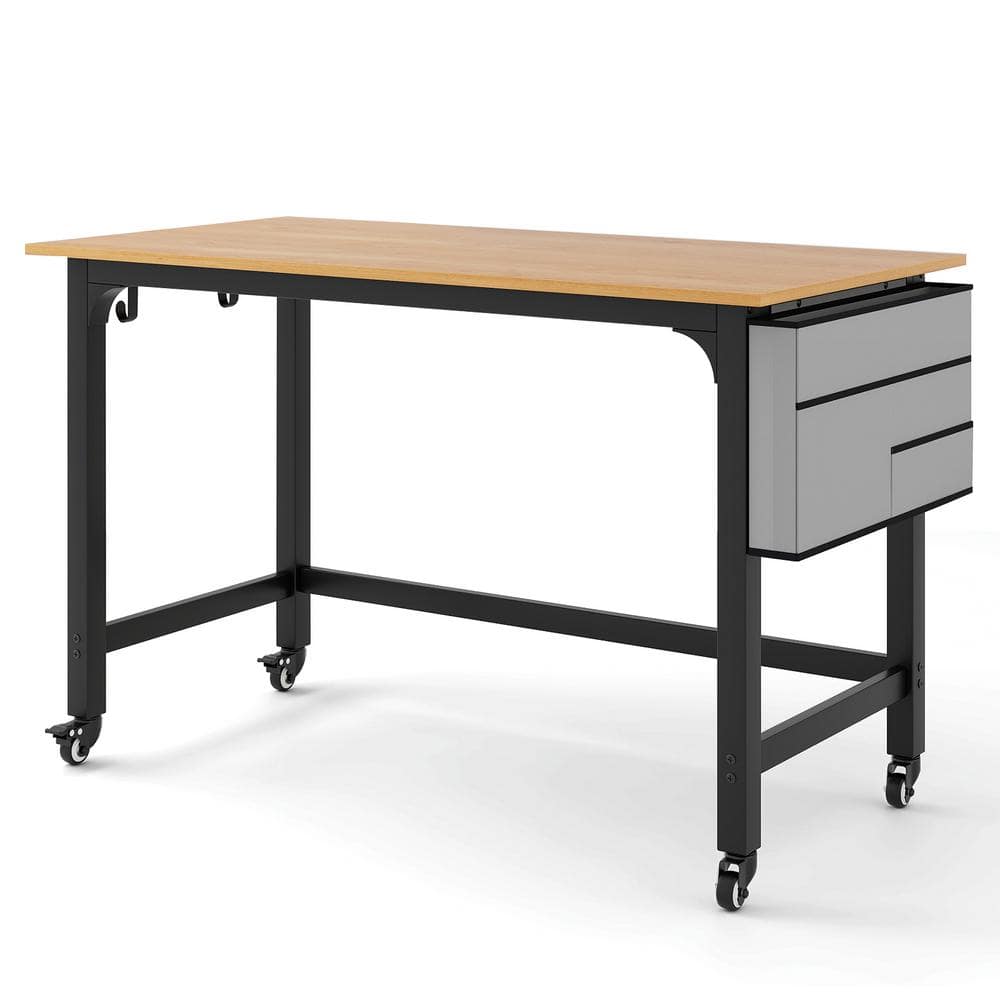 Modern Dark Brown Particleboard Rolling Computer Desk with Metal Frame