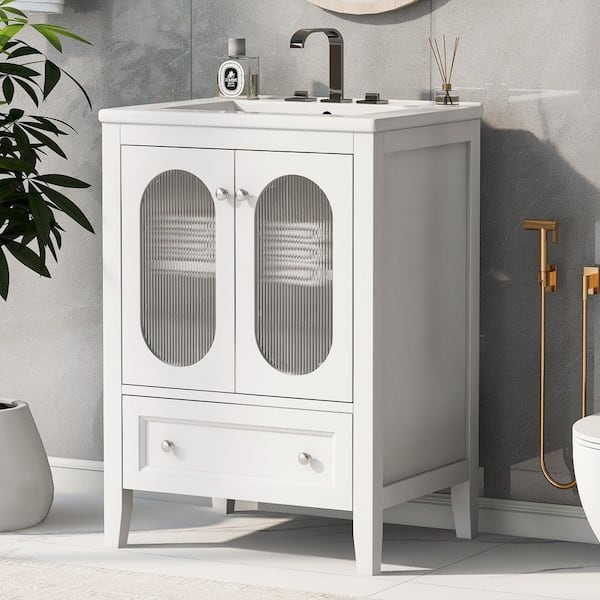 24 in. W x 18 in. D x 34 in. H Freestanding Bath Vanity in White with White Ceramic Top