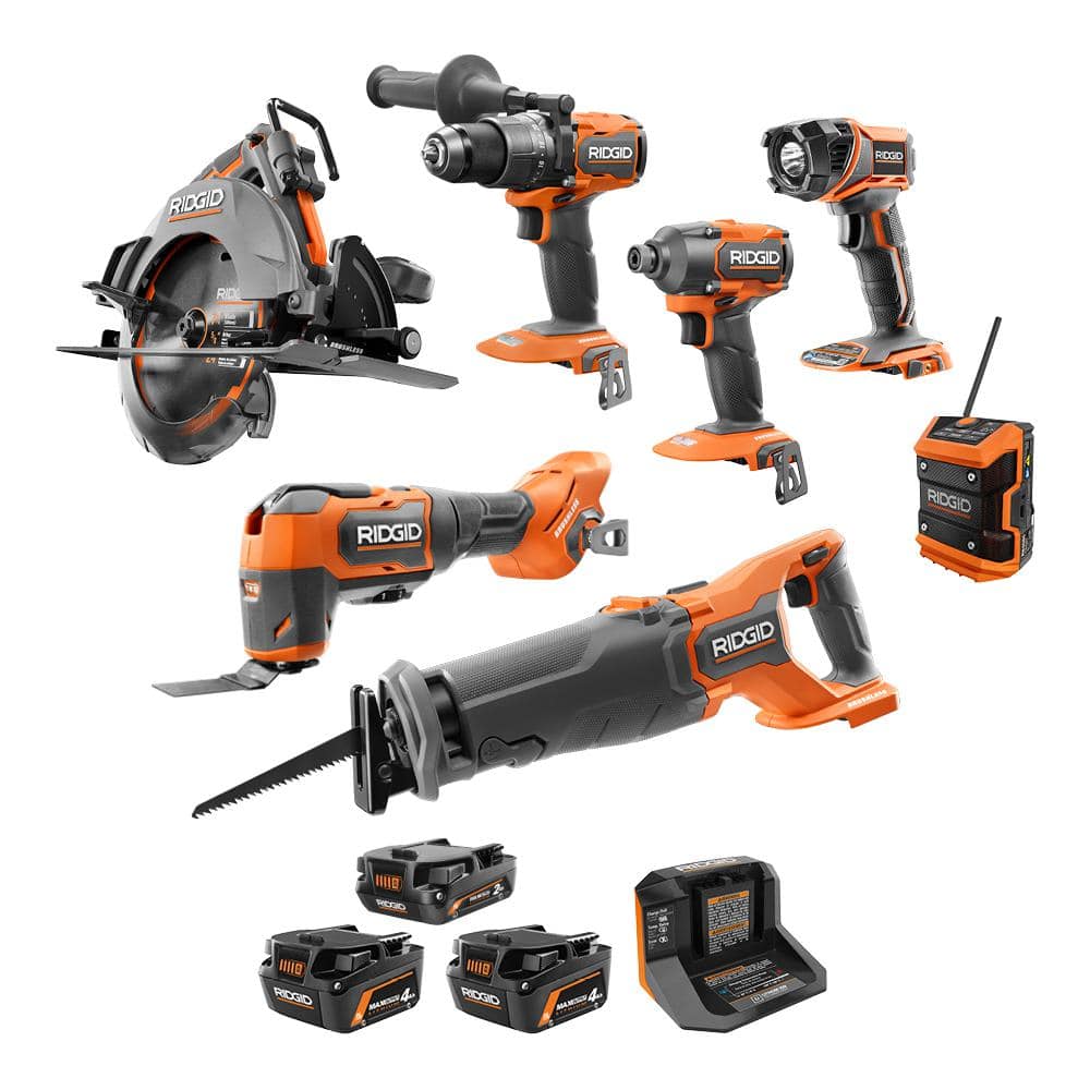 RIDGID 18V Brushless Cordless 7-Tool Combo Kit with (1) 2.0 Ah Battery, (2) 4.0  Ah Batteries and Charger R9258SB The Home Depot