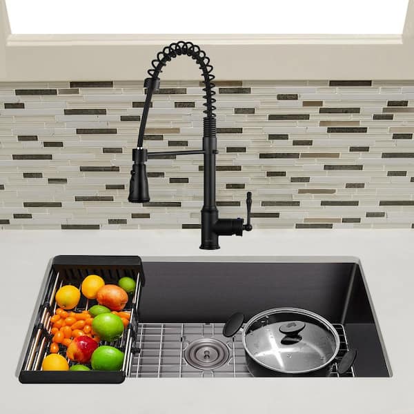 All-in-One Matte Black Finished Stainless Steel 32 in. x 18 in. Undermount Single Bowl Kitchen Sink with Faucet