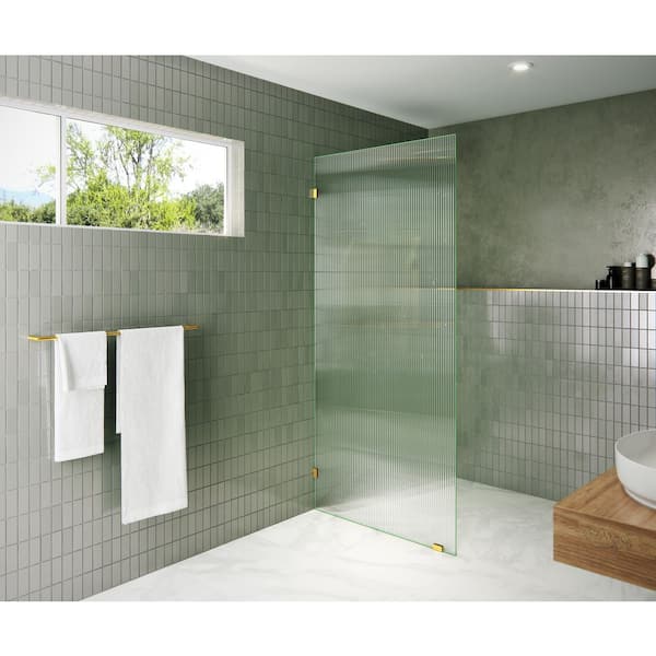 36 in. W x 78 in. H Fixed Single Panel Frameless Shower Door in Satin Brass with Fluted Frosted Glass