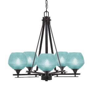 Ontario 23.25 in. 5-Light Dark Granite Geometric Chandelier for Dinning Room with Turquoise Shades No Bulbs Included