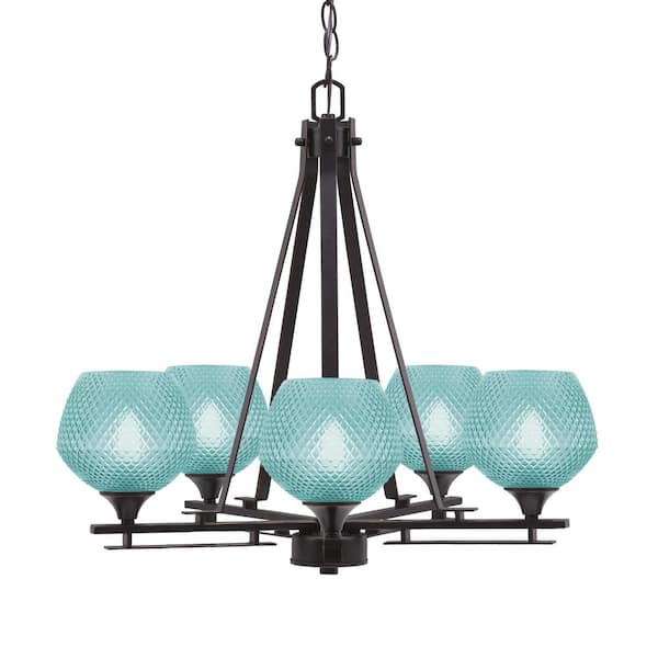 Unbranded Ontario 23.25 in. 5-Light Dark Granite Geometric Chandelier for Dinning Room with Turquoise Shades No Bulbs Included