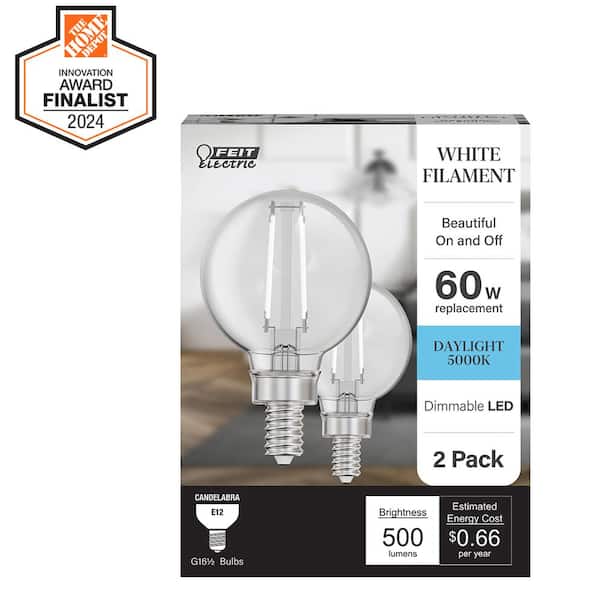 Feit Electric 60-Watt Equivalent G16.5 Globe Dimmable White Filament Clear E12 LED Vintage Edison LIght Bulb, Daylight 5000K (2-Pack)