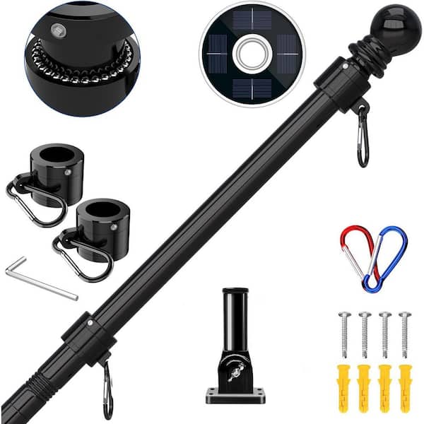 5FT Adjustable Stainless Steel Flag Pole Kit with Solar Light Embroidered American Flag Tangle-Free Ring Black
