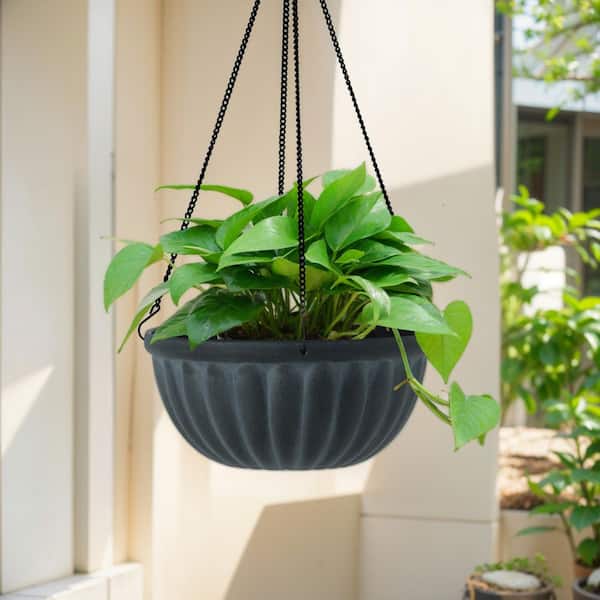 Madigan Medium Black Resin Round Hanging Basket Planter with Drainage Holes (12 in. L x 12 in. W x 5.5 in. H)