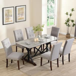 7-Piece Rectangle Gray Sintered Stone and MDF Top Dining Table Set Seats 6 with 6 Button-Tufted Linen Upholstered Chairs
