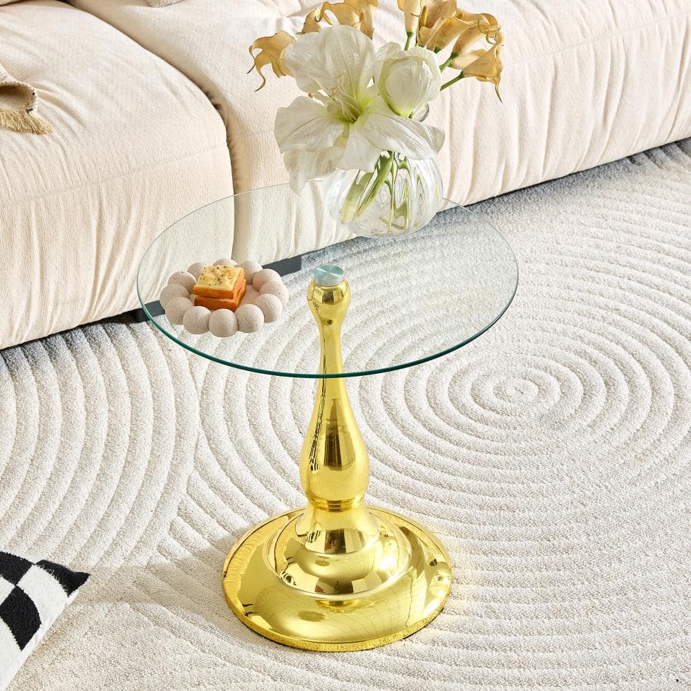 19.6 in. W Transparent Round Tempered Glass Top Coffee Table with Gold Metal Base