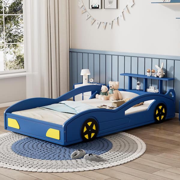 Tammy Blue + Yellow Wood Frame Twin Size Kids Bed, Car-Shaped Platform Bed with Wheels for Teens