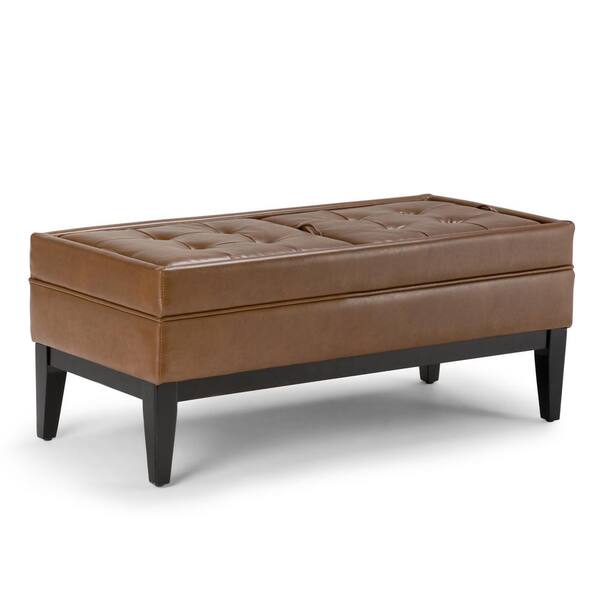 Simpli Home Castlerock 42 in. Transitional Ottoman Bench in Burnt Umber Tan Faux Leather
