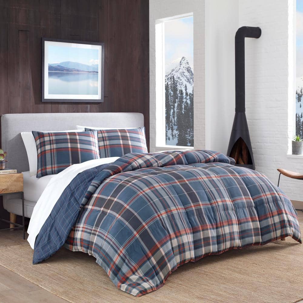 Navy Plaid Microfiber Down Alternative Full Bedspread Set
