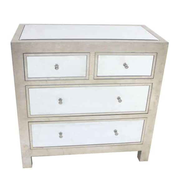 Benjara Silver Wooden Cabinet with Mirror Accented Top with 4-Drawers