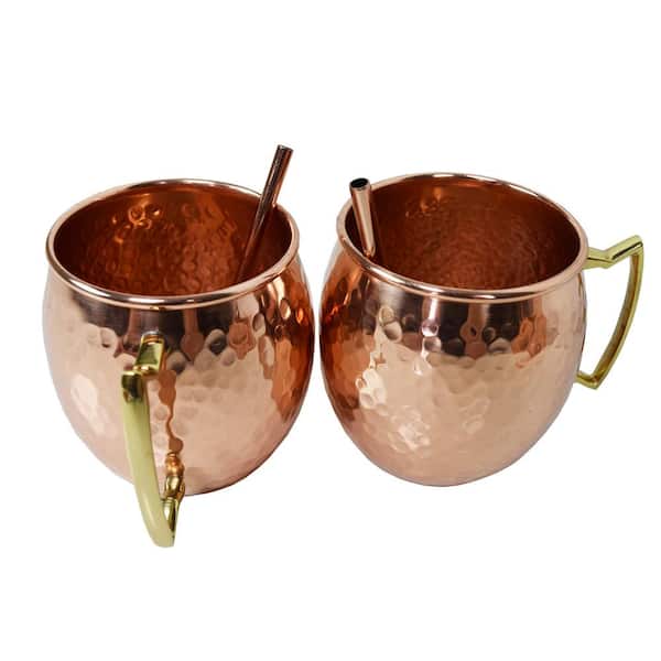 Oakland Living Solid Round Pair of 100% Copper Mule Mug Cups with Straws 17 oz Hammered Handcrafted 5" L x 3.5" W x 4" H