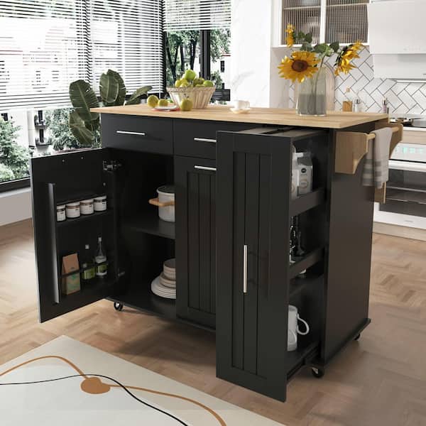Unbranded A Black Wooden Rolling Kitchen Cart with a Natural Solid Wood Countertop (46 in. W)