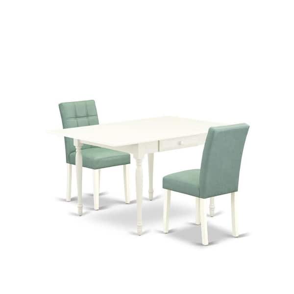 East West Furniture 3-Piece Linen White Finish Rectangular Solid Wood Top with Dropleaf Dining Table Set