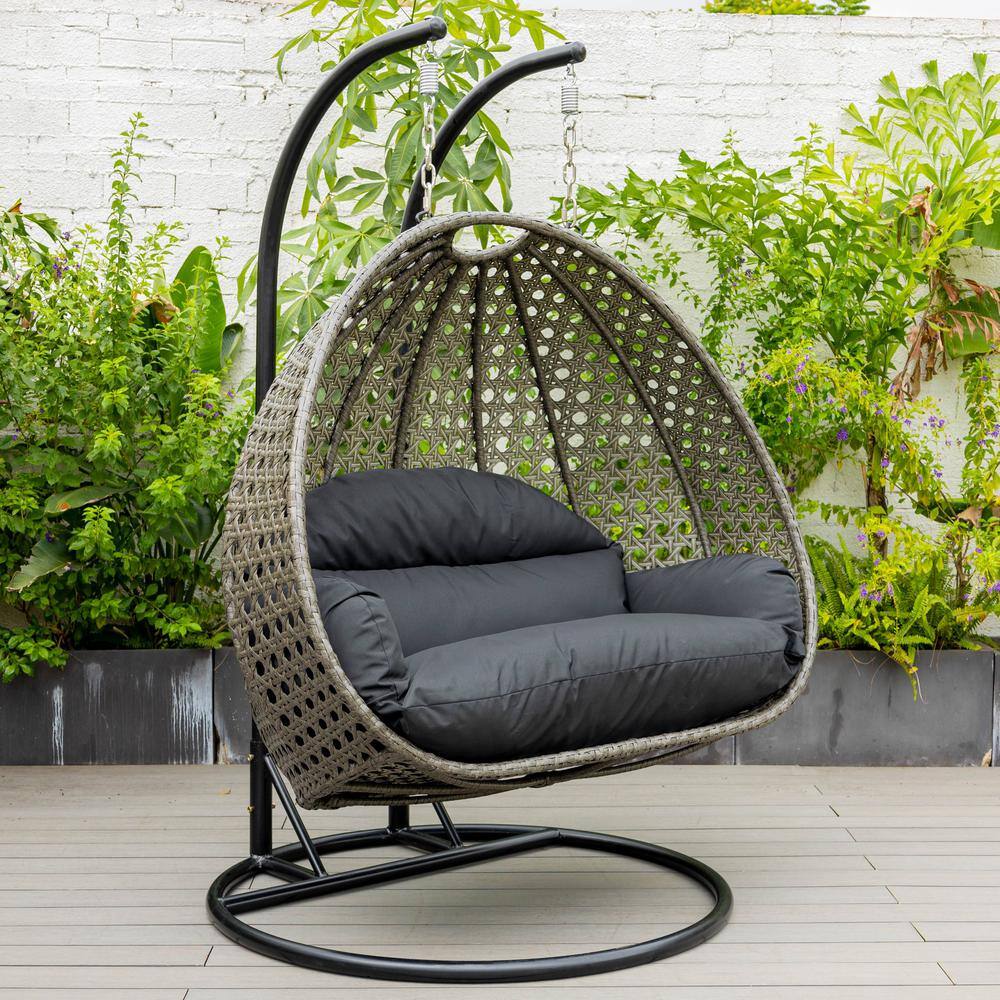 Charcoal Wicker Hanging Egg Chair with Black Cushions