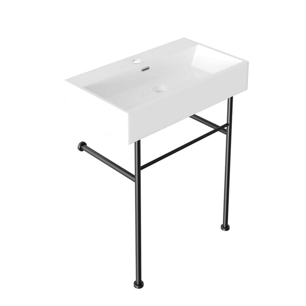 30" White Ceramic Console Sink with Black Stainless Steel Legs