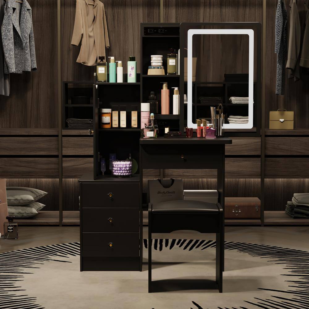 4-Drawers Black Wood LED Push-Pull Mirror Makeup Vanity Sets Dressing Table Sets with Stool, Door Cabinet, Shelves - thumbnail 4