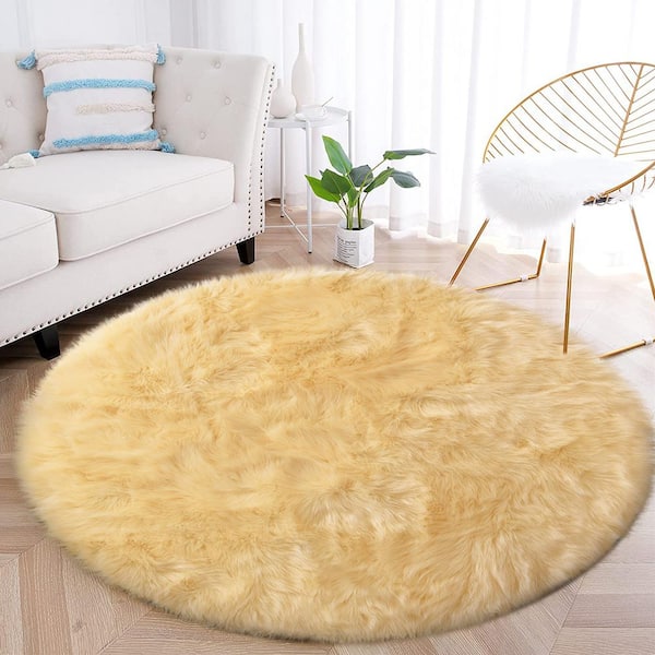 Yellow Cozy Rugs 5 ft. x 5 ft. Round Sheepskin Faux Furry Pale Area Rug