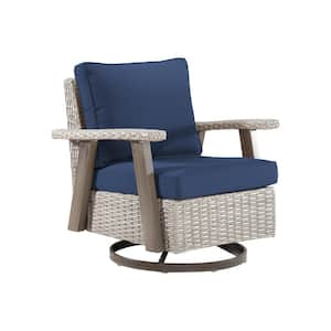 Wicker Swivel Outdoor Rocking Chair Lounge Chair with Ergonomic Armrests and Thick Fade-Resistant Dark Blue Cushions