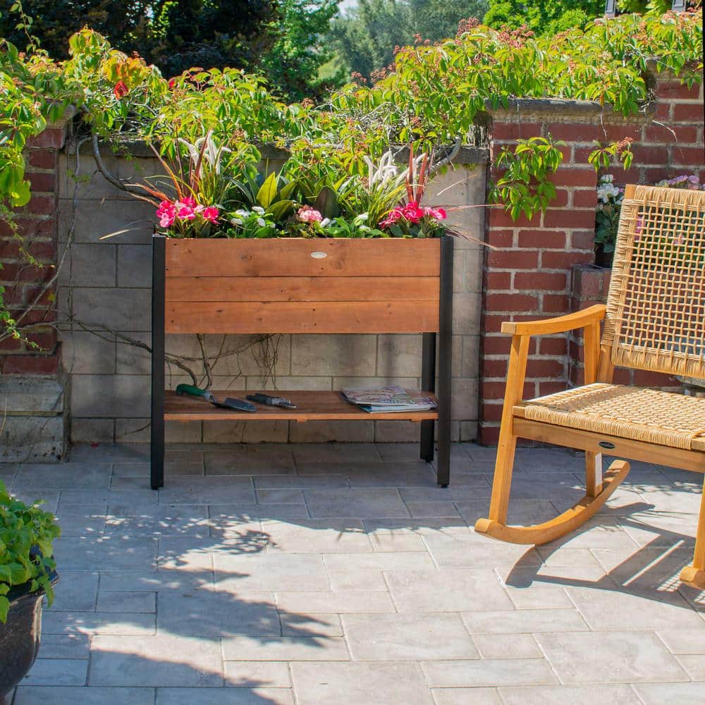 Medium Natural Brown Recycled Wood and Metal Raised Planter Box
