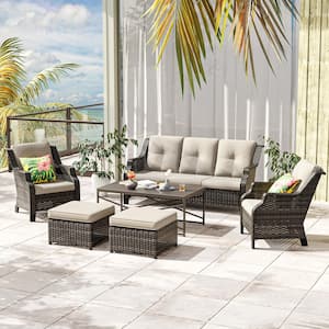 6-Piece Wicker Outdoor Patio Conversation Set Sectional Couch with Ottomans Brown Steel Table and Beige Cushions