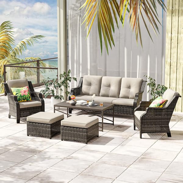 JOYSIDE 6-Piece Wicker Outdoor Patio Conversation Set Sectional Couch with Ottomans Brown Steel Table and Beige Cushions