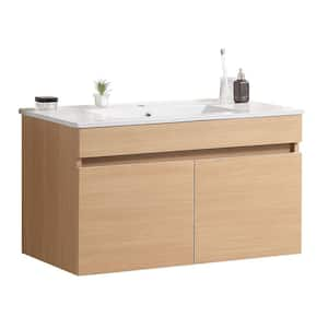 24 In. Solid Wood Wall Mounted Bathroom Vanity with White Ceramic Basin, 2-Soft Close Cabinet Doors, Light Oak