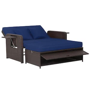2-Piece Wicker Outdoor Day Bed with Navy Cushions 4-Level Adjustable Backrest and Retractable Side Tray