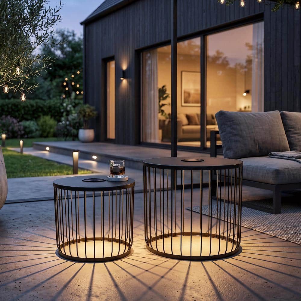 2-Piece Round Metal Wire Cage Coffee Table with Solar Powered LED Light, Black Indoor Outdoor End Table Set price history on PriceWatchPro