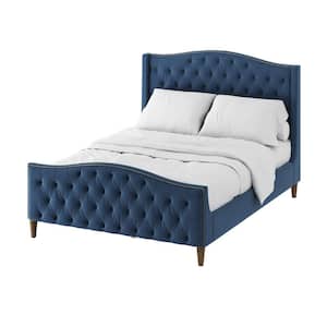 Edmund Blue Wood 87 in. Wx64.6 in. Dx52.5 in. H Tufted Frame Upholstered Queen Platform Bed with nailhead trim design