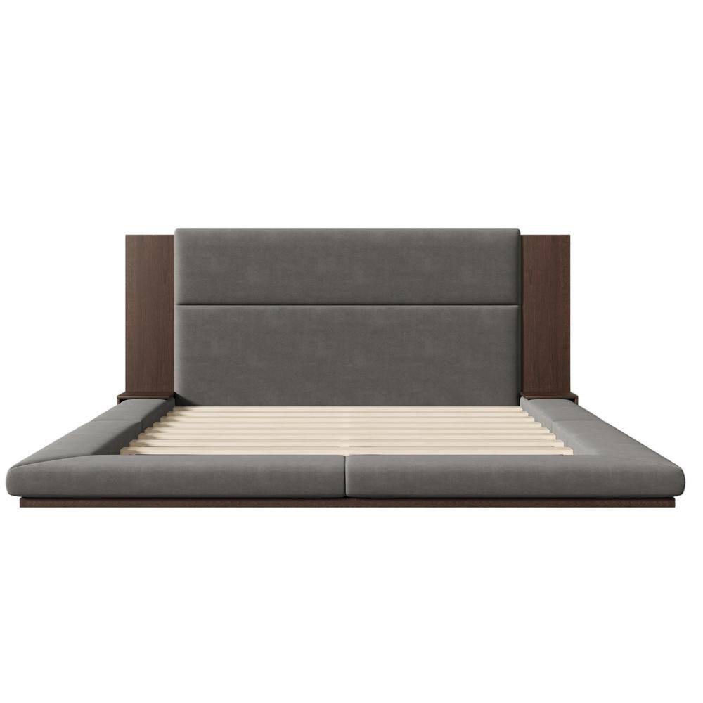 Gray Wood Frame King Size Velvet Upholstered Platform Bed Floor Bed with Extended Wood Headboard, Bedside Shelf - thumbnail 4