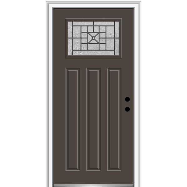 MMI DOOR Courtyard 36 in. x 80 in. Left-Hand 1-Lite Decorative Craftsman 3-Panel Brown Fiberglass Smooth Prehung Front Door