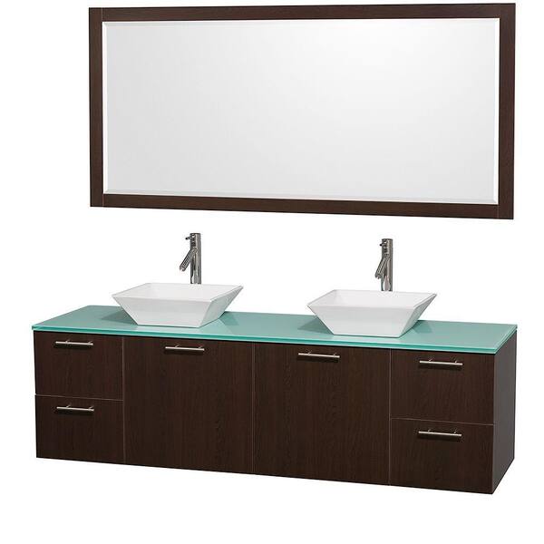 Wyndham Collection Amare 72 in. Double Vanity in Espresso with Glass Vanity Top in Aqua and Porcelain Sink